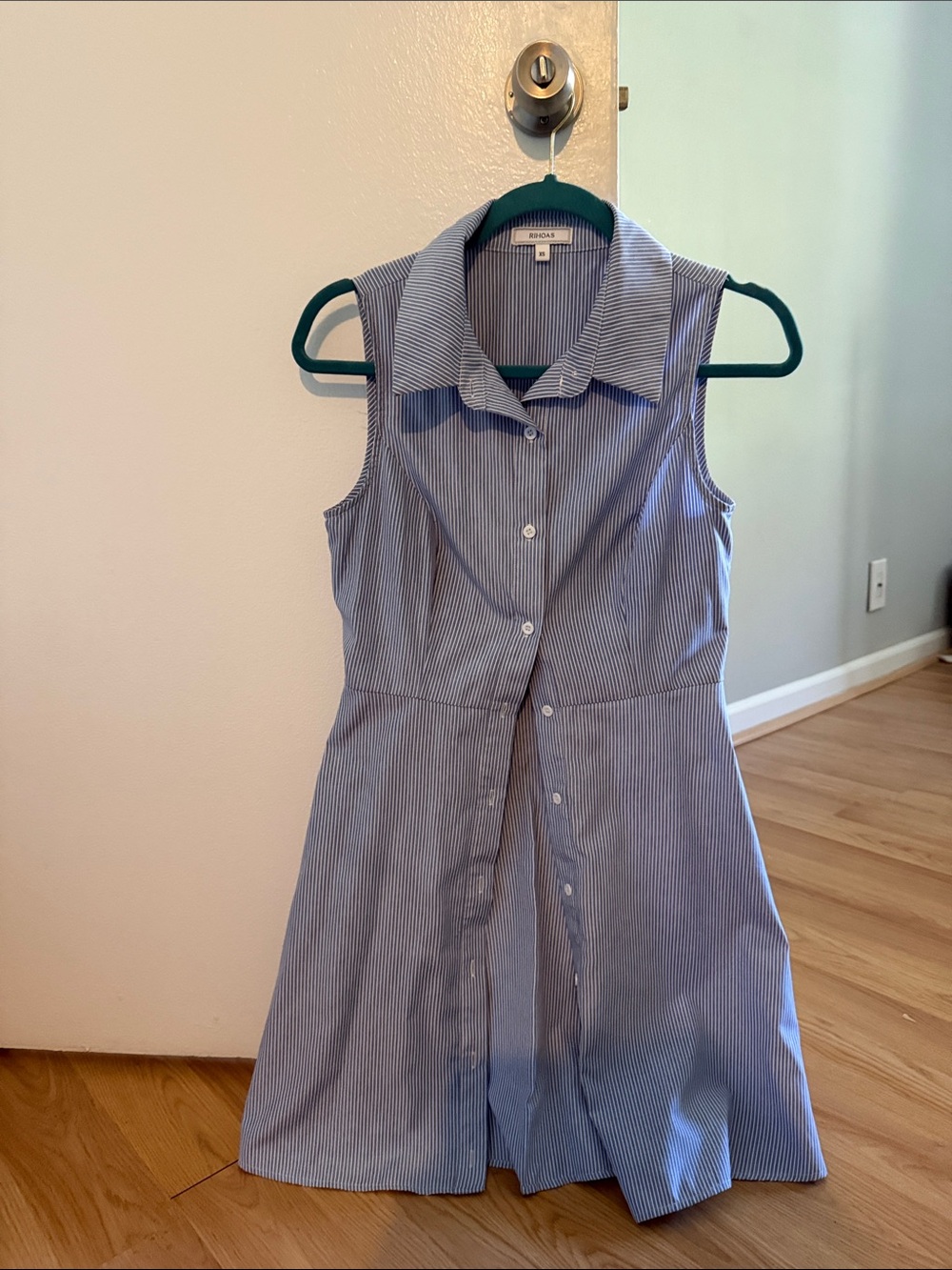 RIHOAS Blue and White Pinstripe Sleeveless Shirt Dress